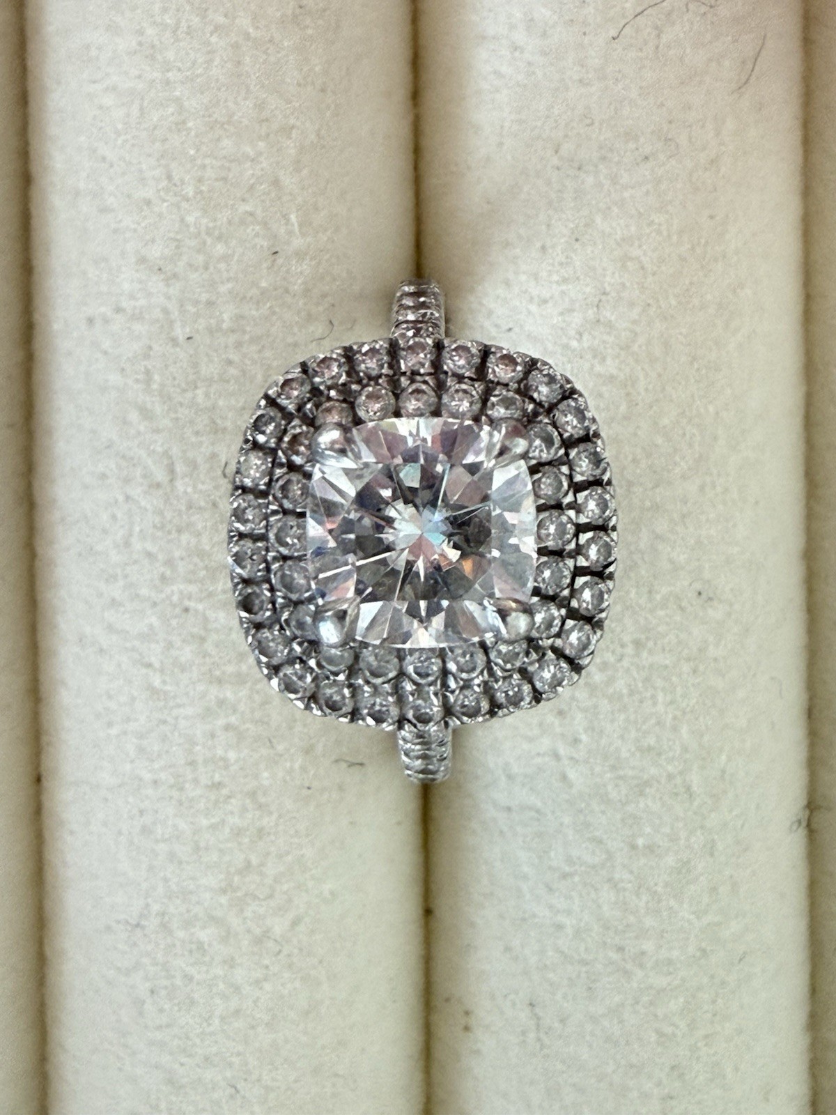Brilliant Earth Platinum Halo Ring 7mm Cushion Moissanite Sz 4.5 Fits 4.0
