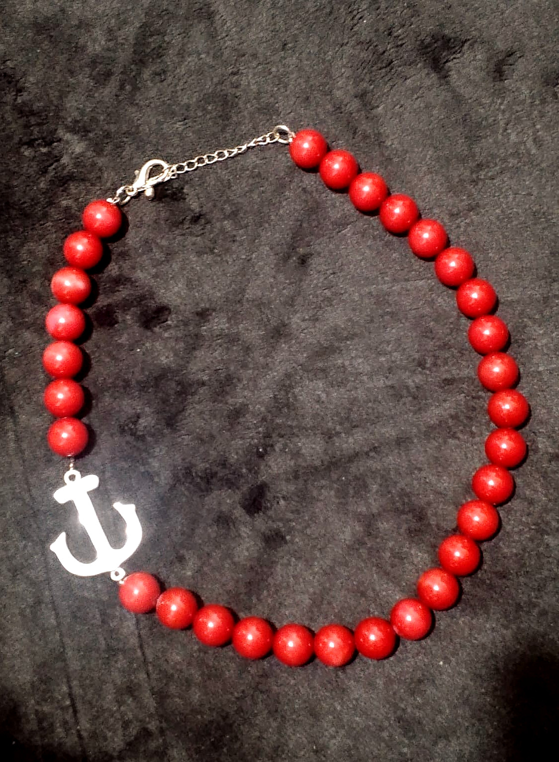 Handmade Red Round Bead Necklace – Silver Anchor Connector Charm