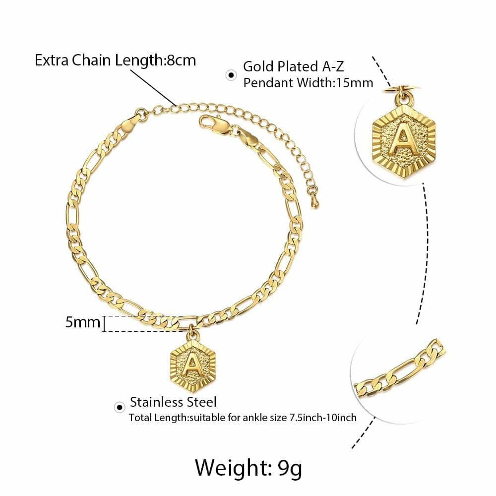 5mm Figaro Hexagon Initial Letter Charm Anklet Bracelet Gold Plated Foot chain