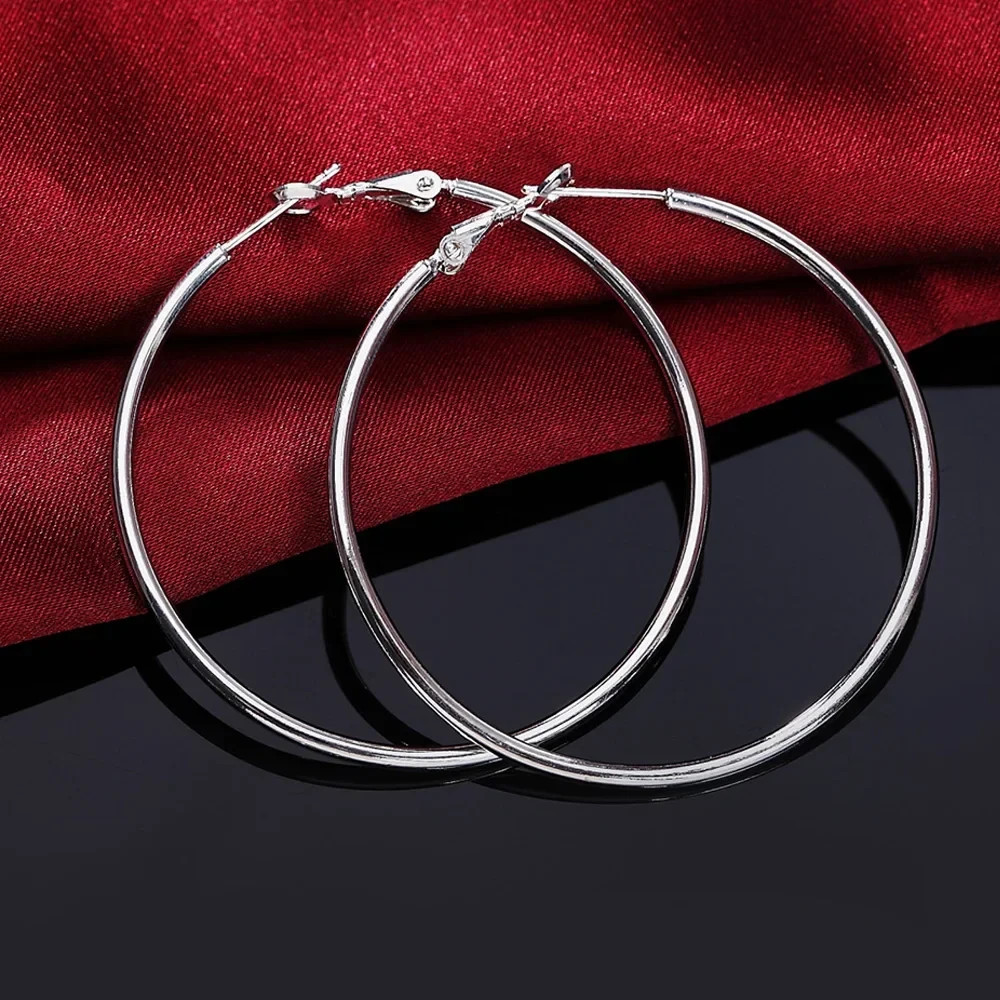 925 Sterling Solid Silver 50mm Round Smooth Big Hoop Earrings Women Jewelry
