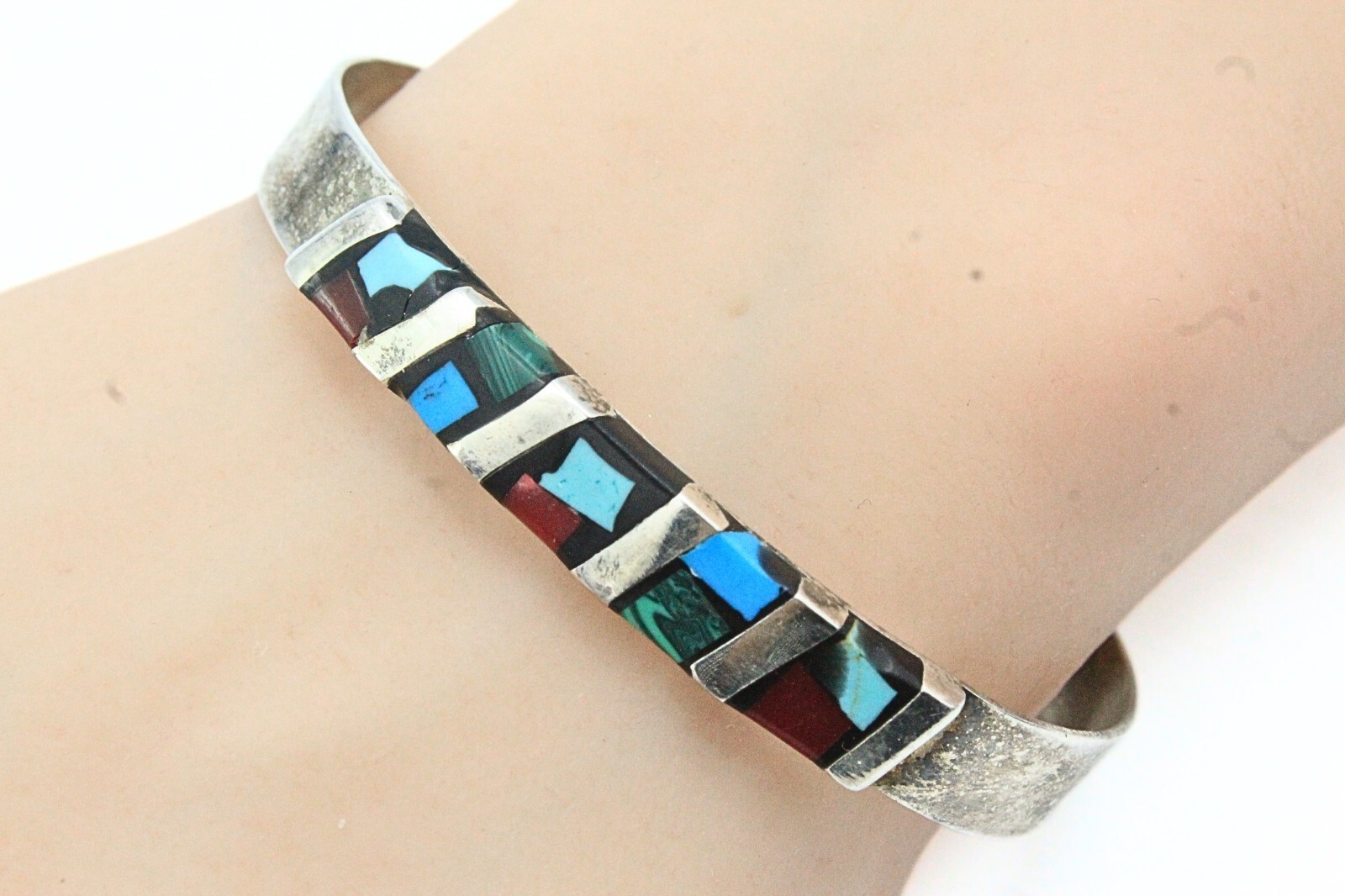 Lovely Mexico Nickle Silver Multi Stones Inlaid Cuff Bracelet