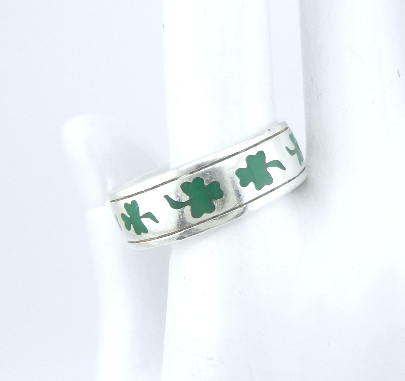Peter Stone Green Enamel Shamrock Sterling Silver Good Luck Ring Band Sz 11 PSCL