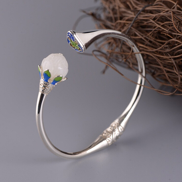 I05 Silver 925 Lotus Flower White Jade Cloisonne Blue Green Bangle Bracelet