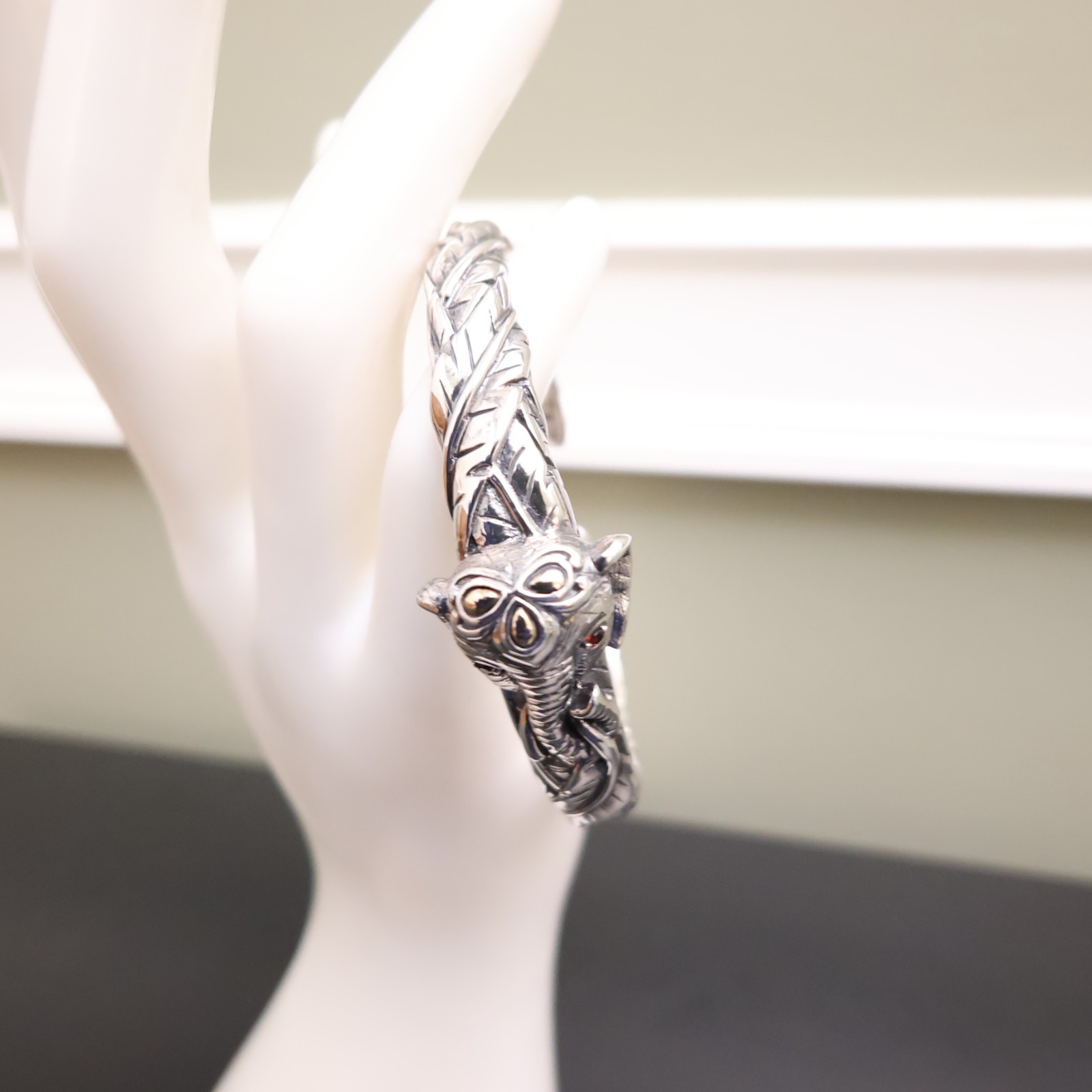Jai bracelet elephant 925 sterling silver 14K gold hinged cuff garnets Sz 6.75in