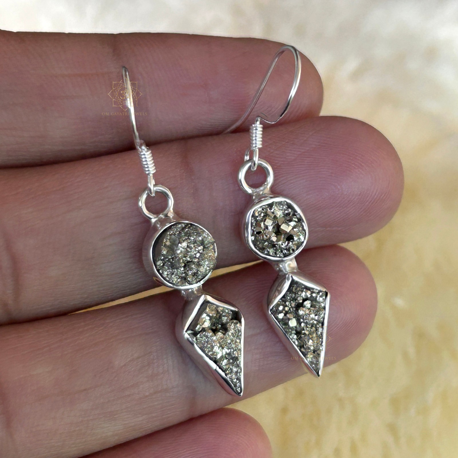 Natural Pyrite Earrings 925 Streling Silver Kite And Round Dangle Earrings