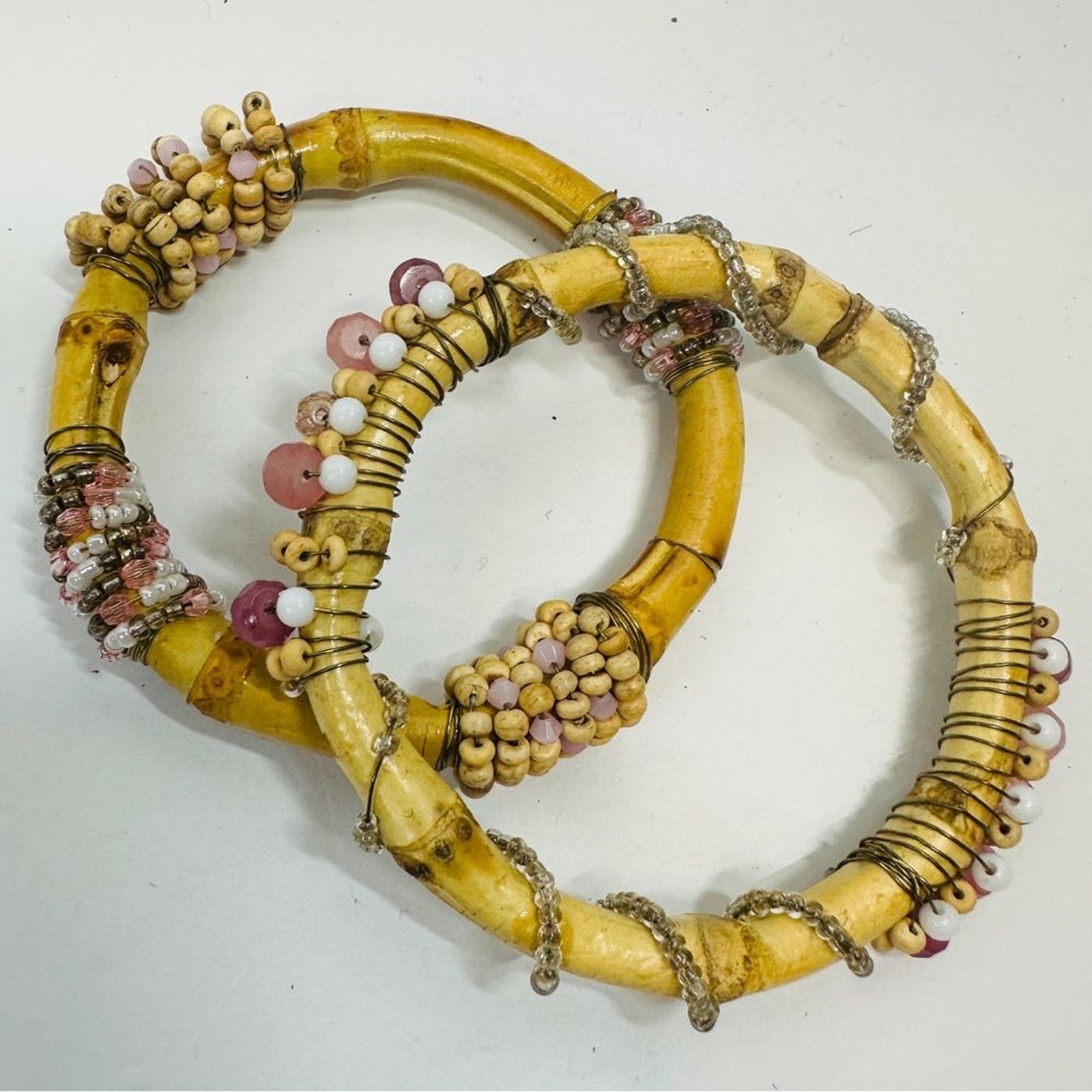 Two Vintage Hand Crafted Bamboo Bangle Bracelets With Pink White & Tan Beads