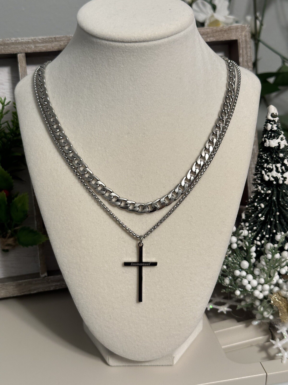 Men Double Layer Cross Pendant Necklace Stainless Steel Hip Hop Gothic Unisex