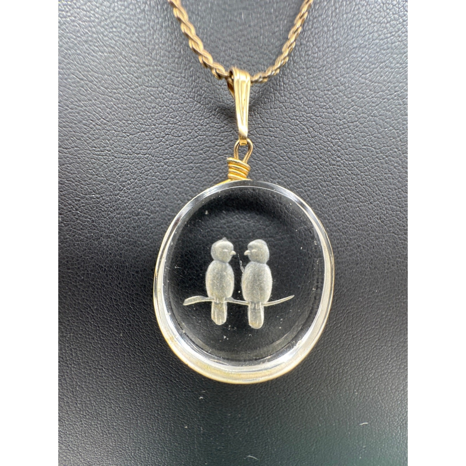 Vintage Gold Filled Intaglio Glass Clear Bird Pendant Chain Necklace