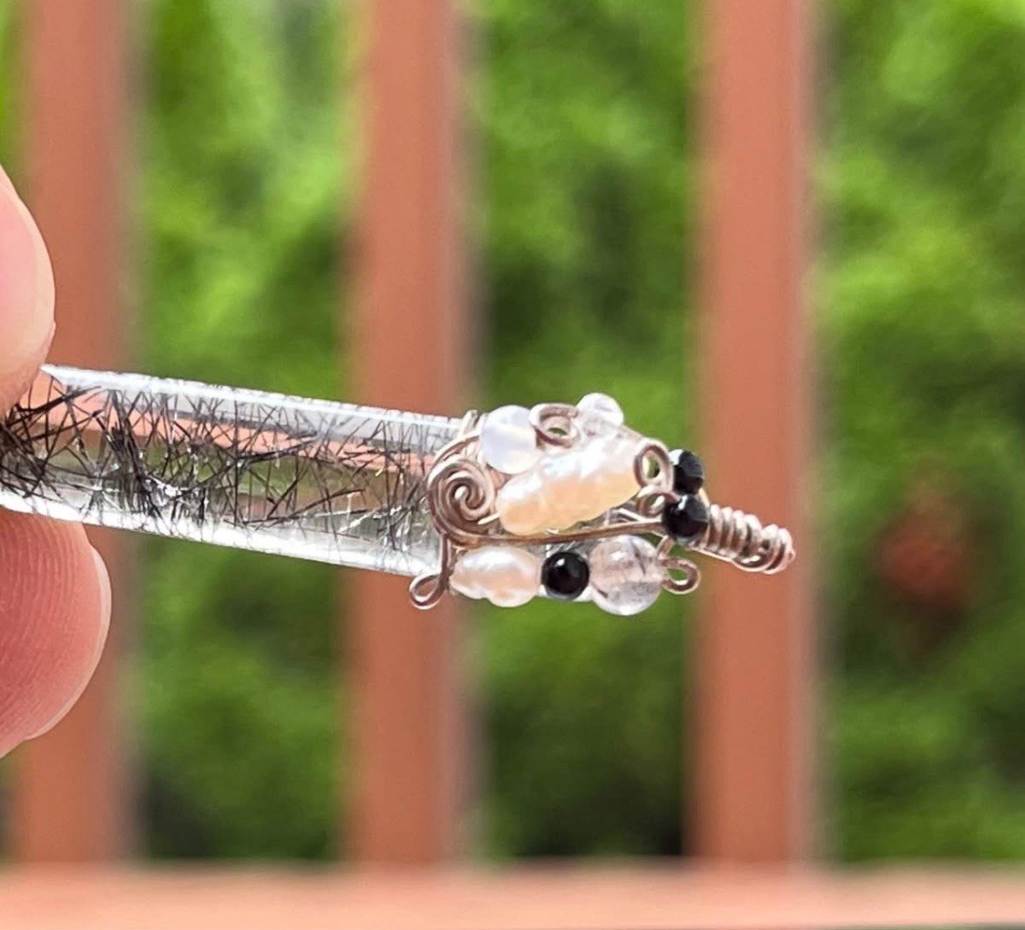925 Quartz Vintage Black Rutile Sterling Silver Wrapped Pendant Gorgeous !