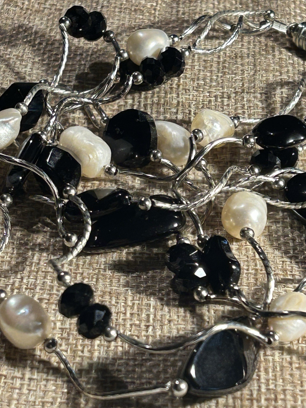 Artisan Black Crystal + Glass Bead Freshwater Pearl 3- Strand Wavy Link Necklace