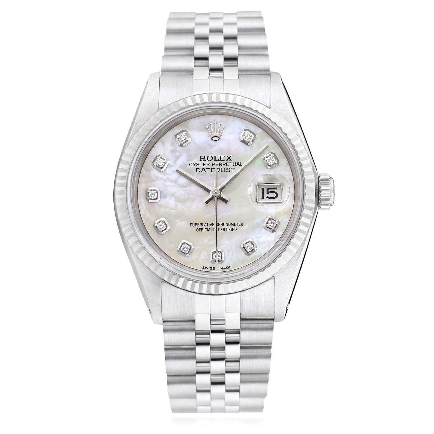 Rolex Datejust 1601 36mm 18K White Gold Bezel White MOP Dial Jubilee Steel Watch