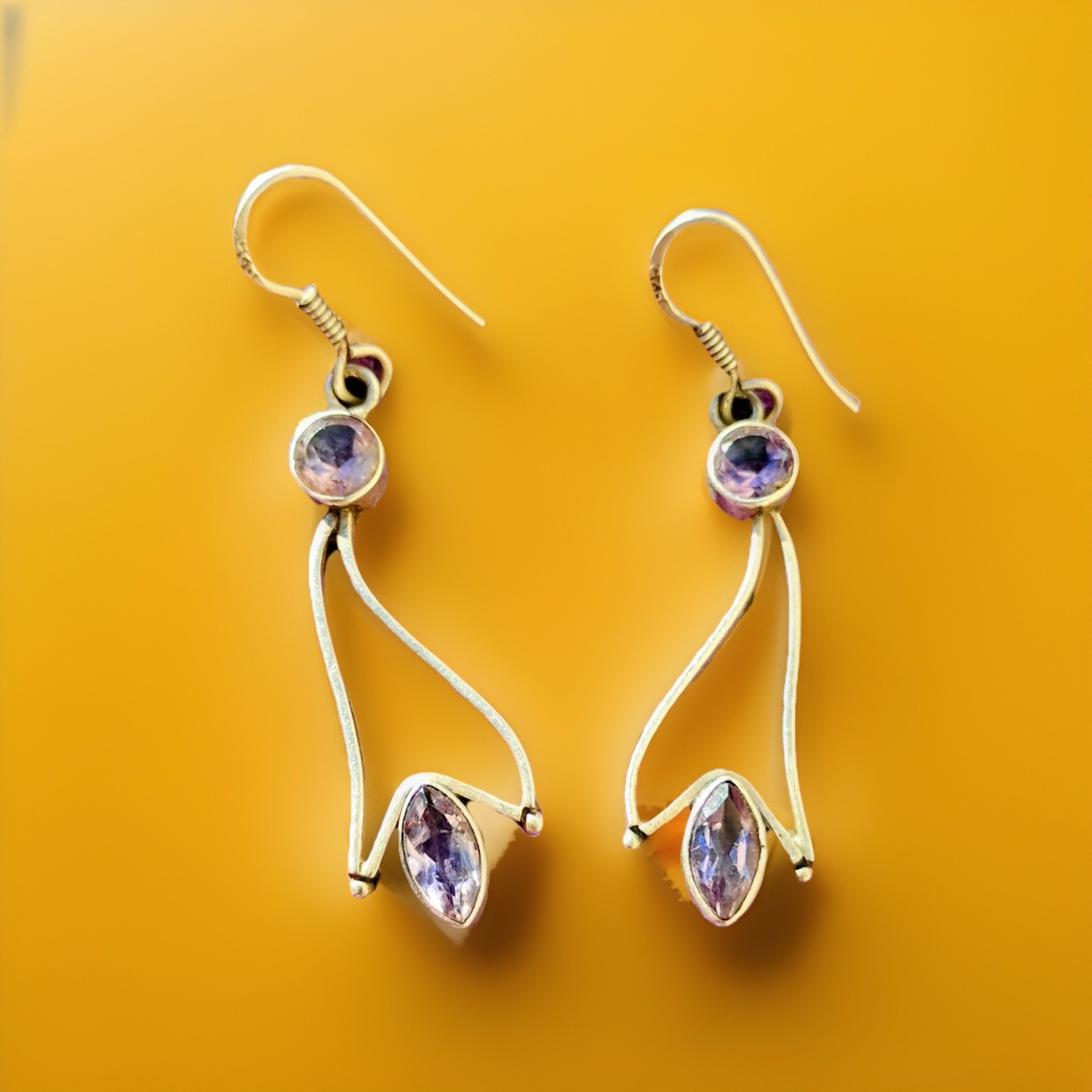 VTG .925 SS one of a kind design Modernist Amethyst Dangle Drop Earrings 1.5 In