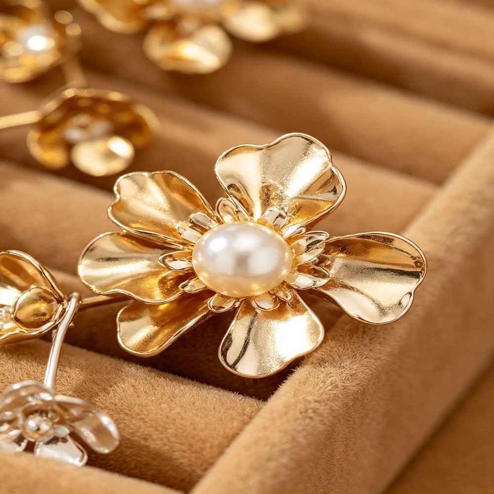 Cascading Flower Pearl Drop Clip On Earrings No Piercing Long Floral Tassel