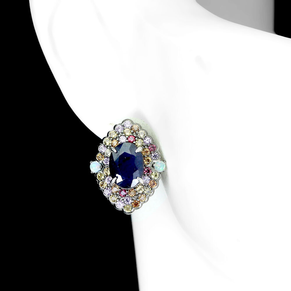 925 Sterling Silver Earrings Oval Diffused Sapphire Fire Opal Gemstone jewelry