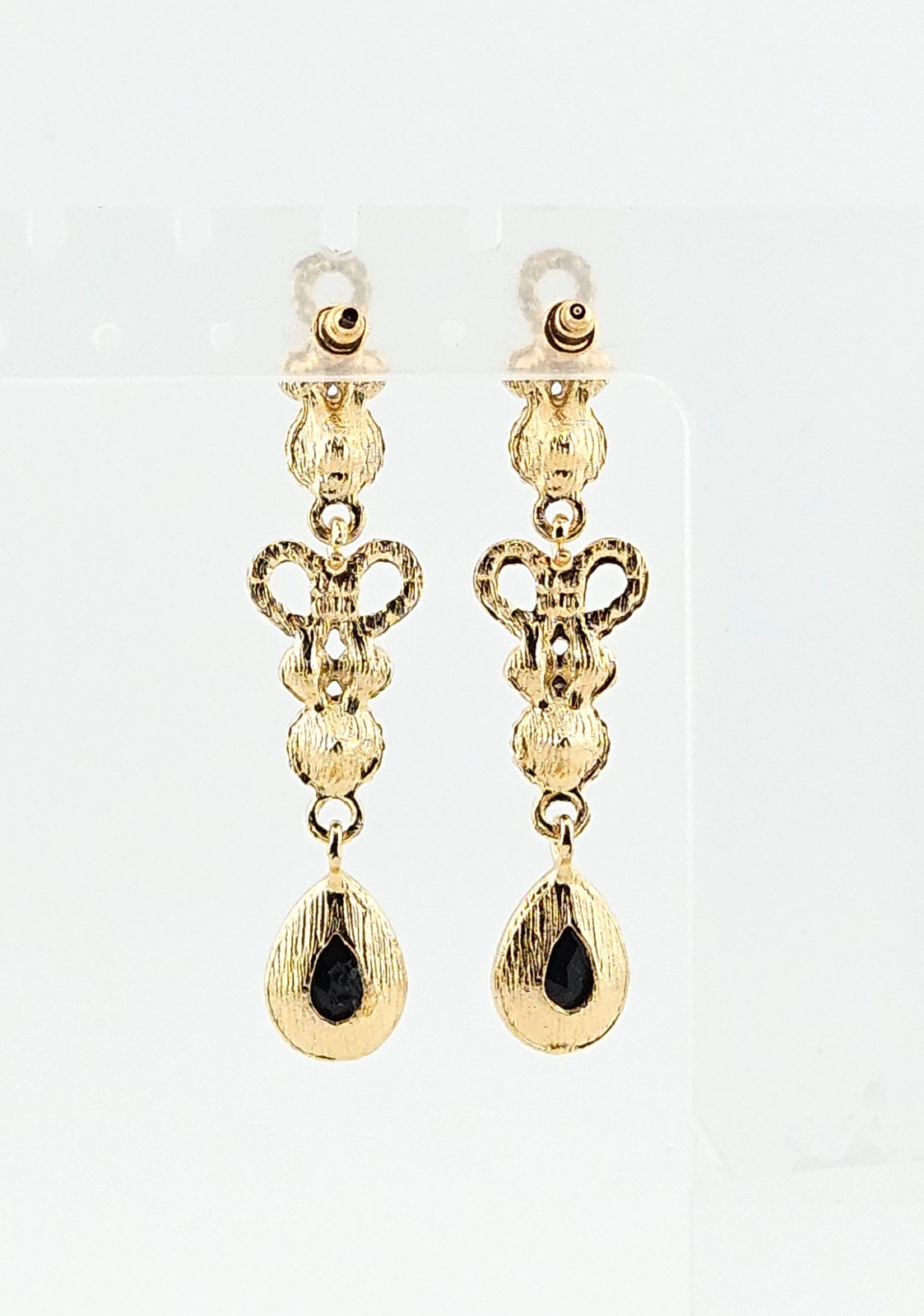 Gold Tone Dangle Earrings With Black & Clear Rhinestones J3-4486