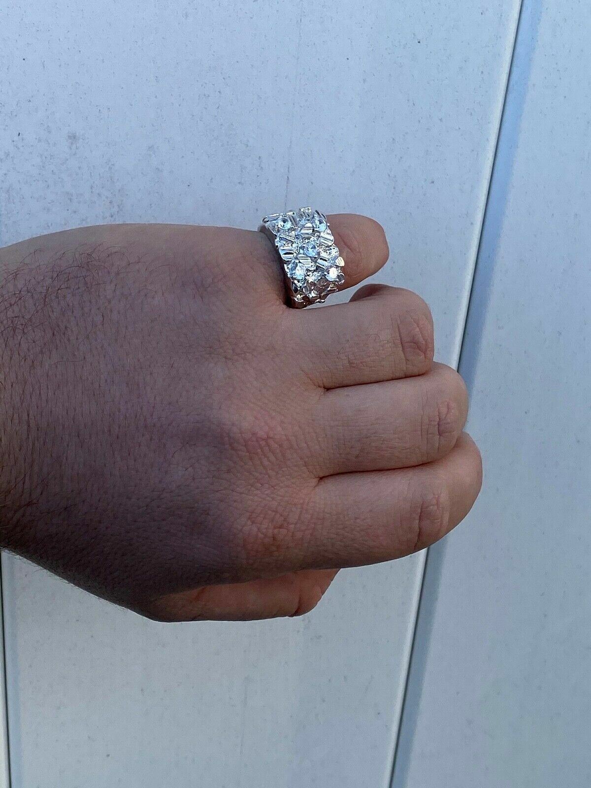 Mens REAL Solid 925 Sterling Silver Iced Nugget Ring Hip Hop CZ