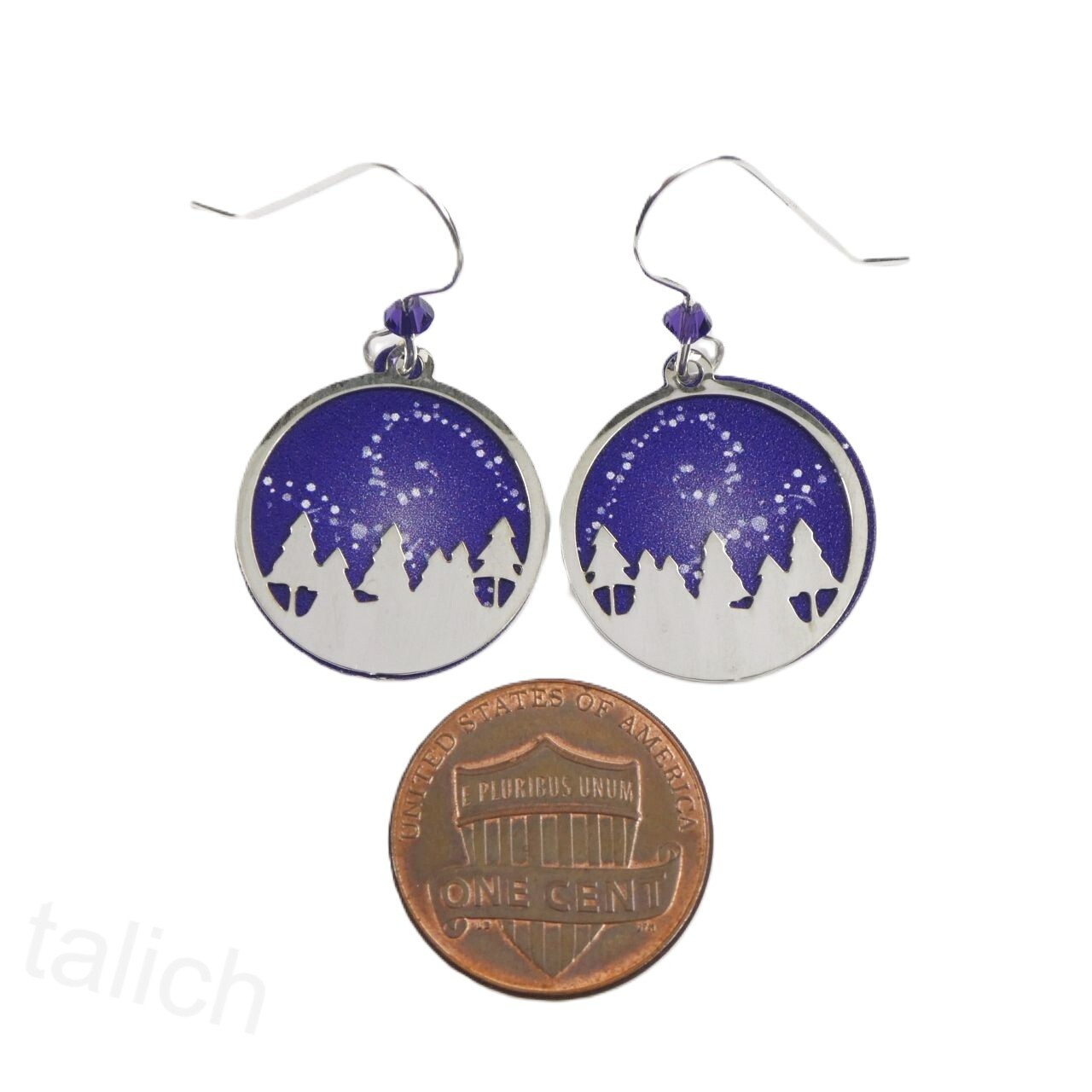 Sienna Sky Earrings Shiny Silver Tone Forest over Dark Blue Starry Night Unique