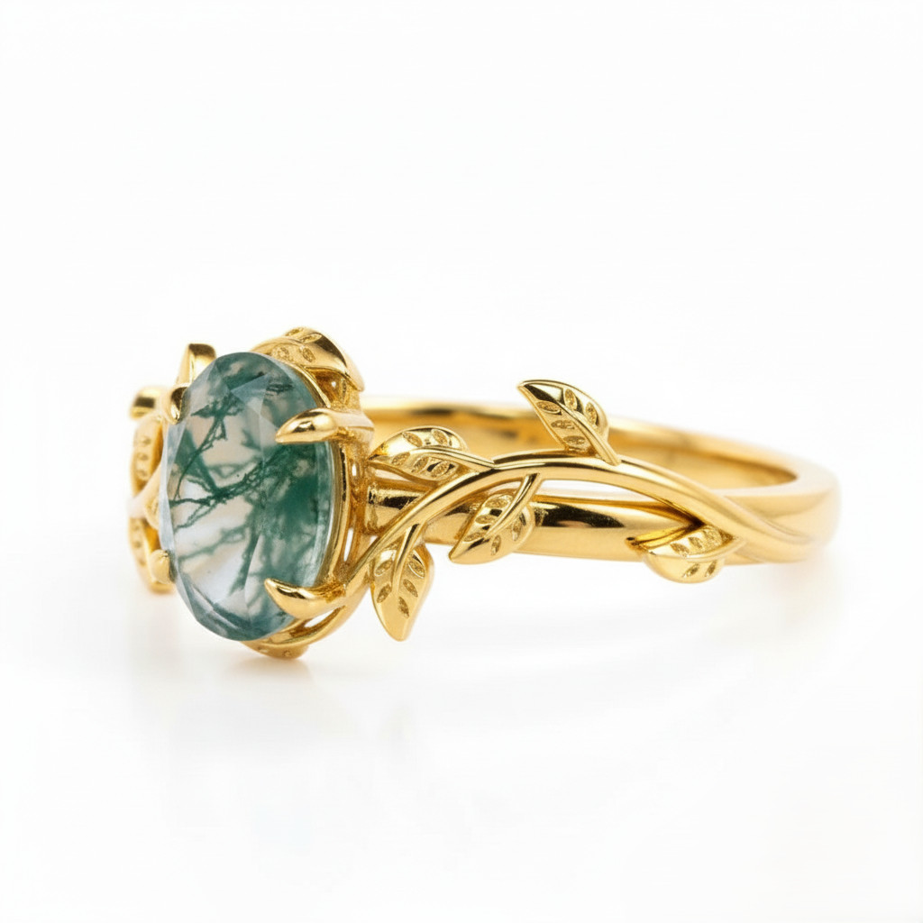 Natural Moss Agate Ring Oval Nature Leaf Ring Engagement Ring Moss Jewelry