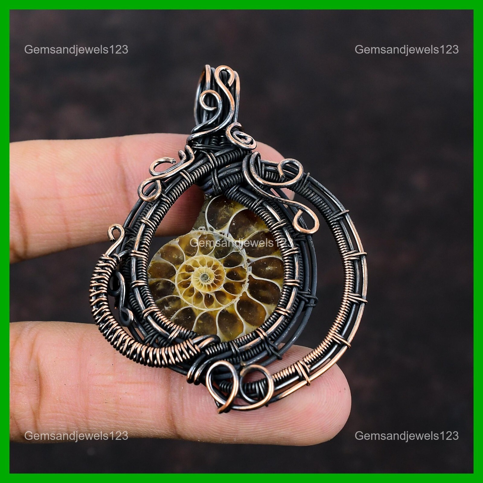 Copper Pear Ammonite Fossil Gemstone Daughter Boho Wire Wrapped Unique Pendant