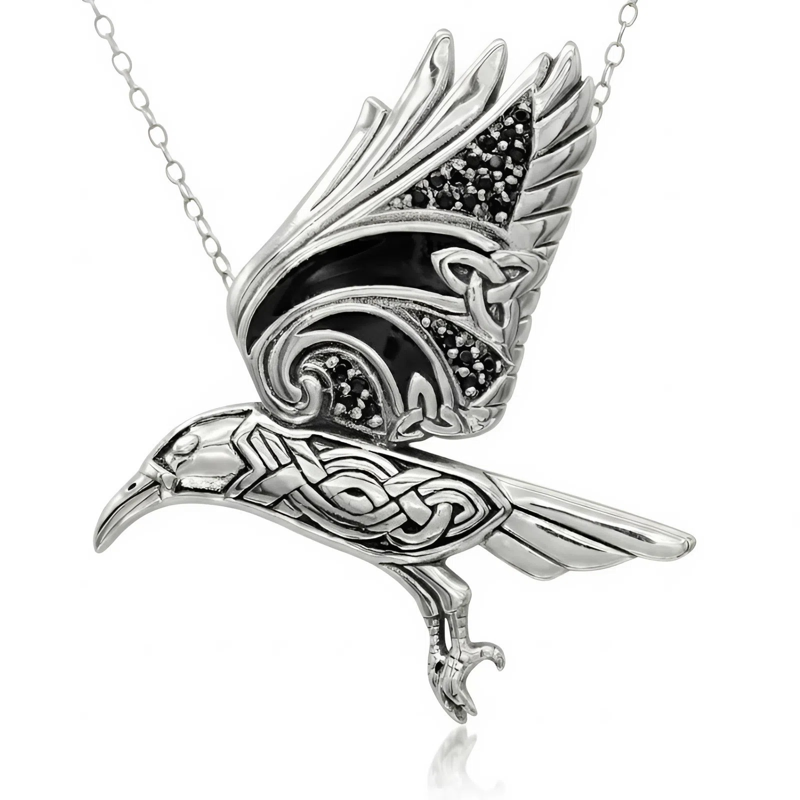 Sterling Silver Flying Celtic Knot Triquetra Raven Pendant Crow Knotwork Jewelry