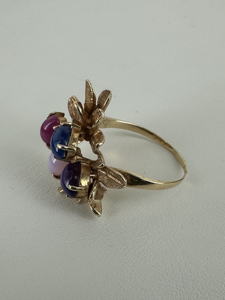Vintage 14k Gold Linde Star Sapphire Ruby Cluster Floral Cocktail Ring 7