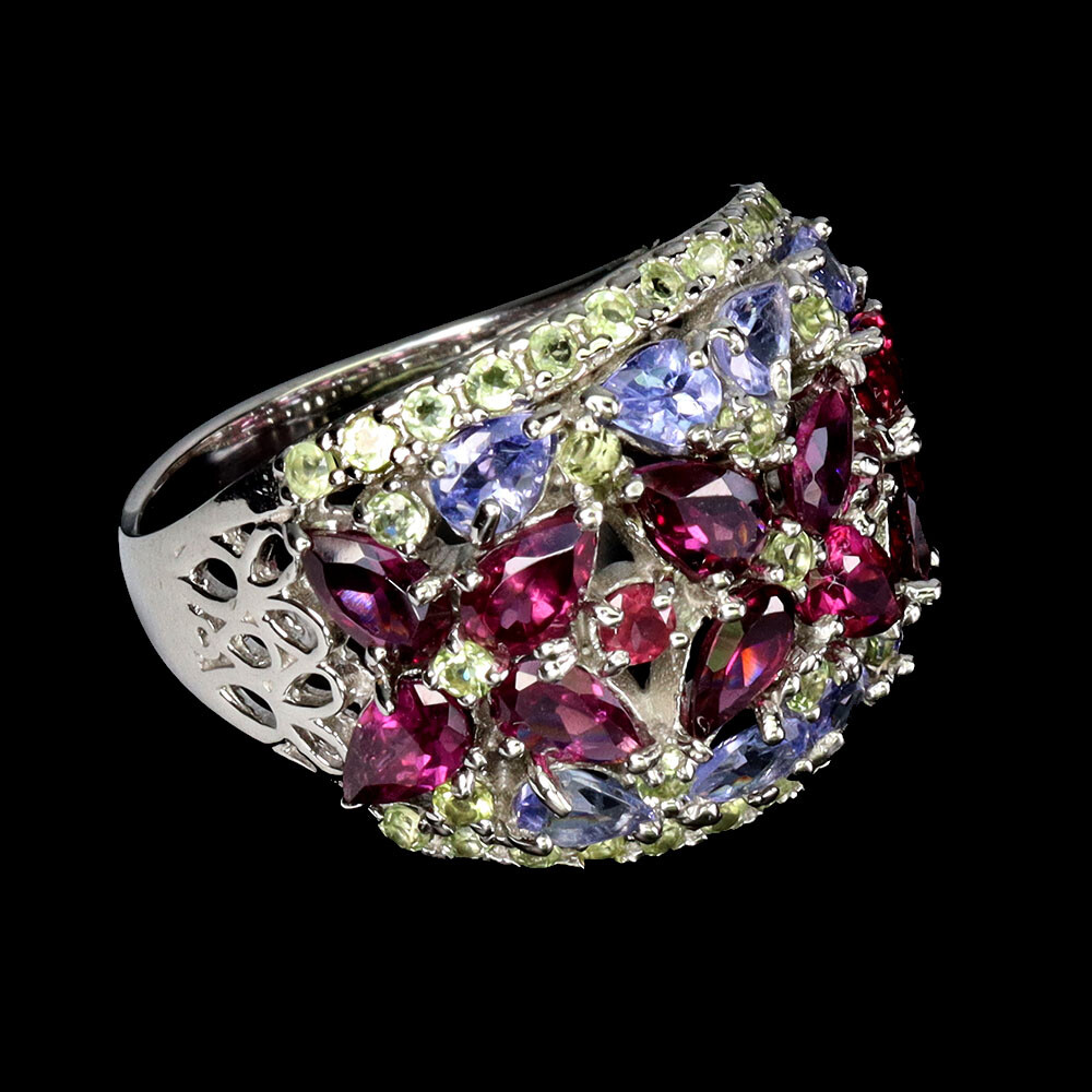 925 Sterling Silver Ring Pear Rhodolite Peridot Tanzanite Gemstone Jewelry Size