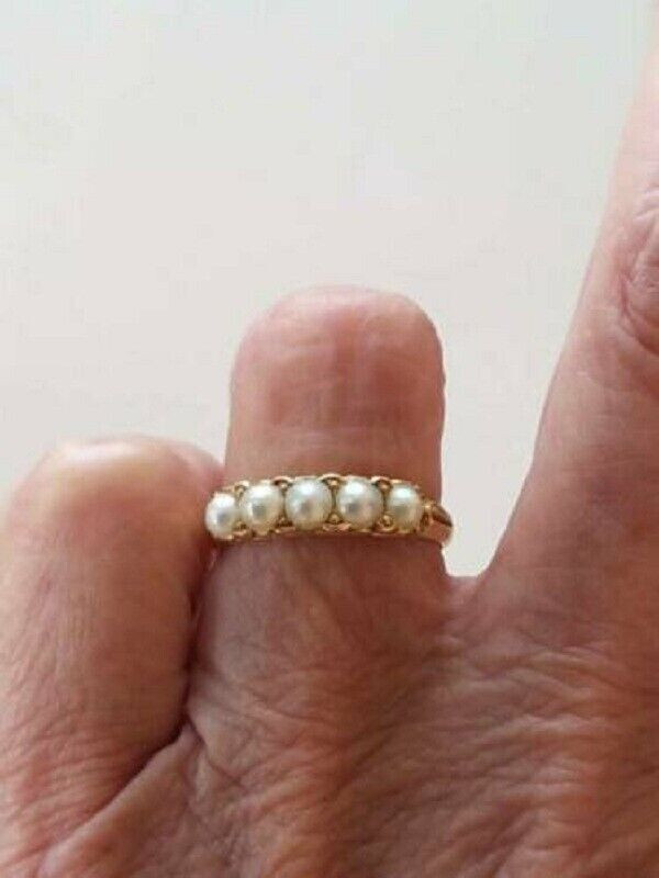 Pretty 3Ct Round Cut White Pearl Five Stone Engagement Ring 14K Yellow Gold FN