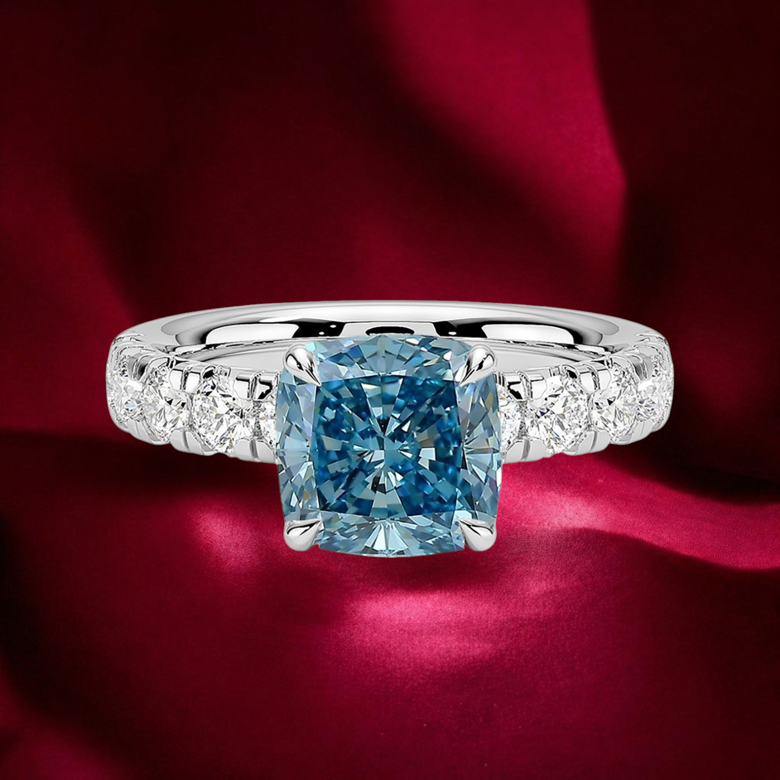 Cushion Cut 2.65 Ct Fancy Intense Blue Diamond Ring IGI Lab Grown 950 Platinum