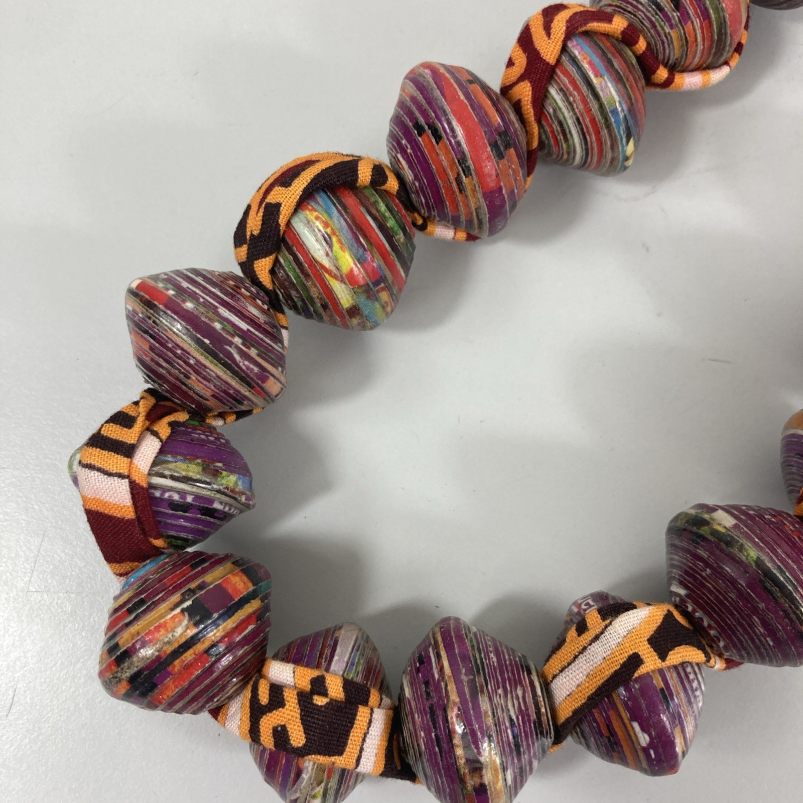 Artisan Rolled Paper Bead Necklace Fabric Chain Purple Orange Chunky Handmade