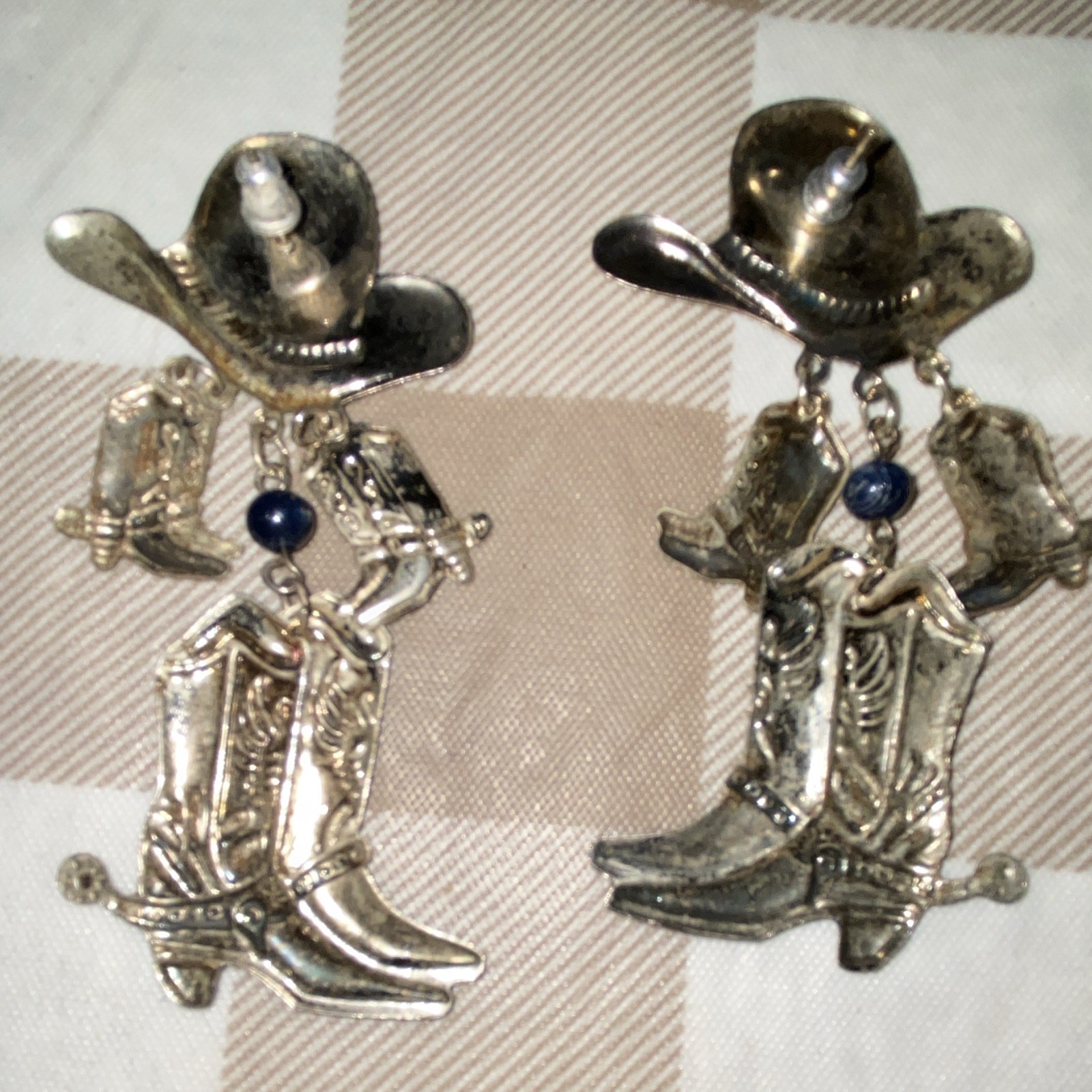 Western Cowboy Hat & Boots Dangle/Drop Post Earrings, Silver Tone & Blue