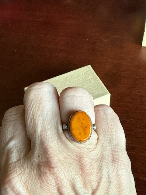 Vintage Sterling Silver 925 Baltic Egg Yolk Oval Amber Cabochon Ring 1960’s sz 7