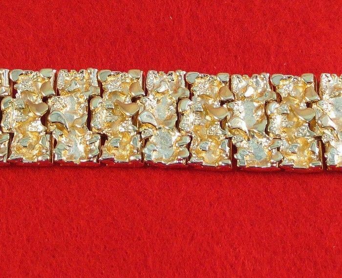 MENS 14 KT GOLD HGE 8″ OR 9″ NUGGET BRACELET 7/8″WIDE BLING NH300