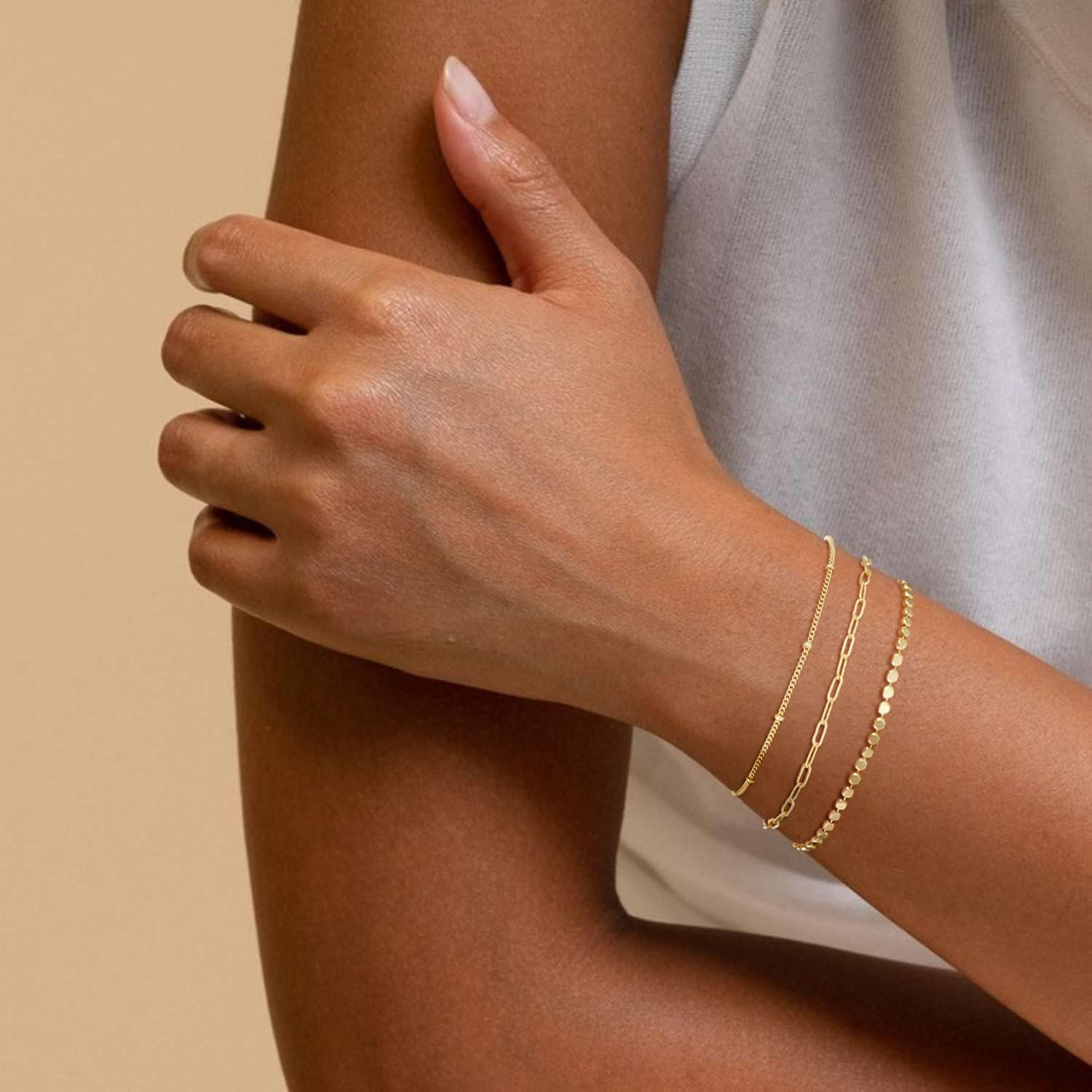 Gold Bracelets for Women, 14K Dainty Gold Plated Stackable Bracelets for Women T