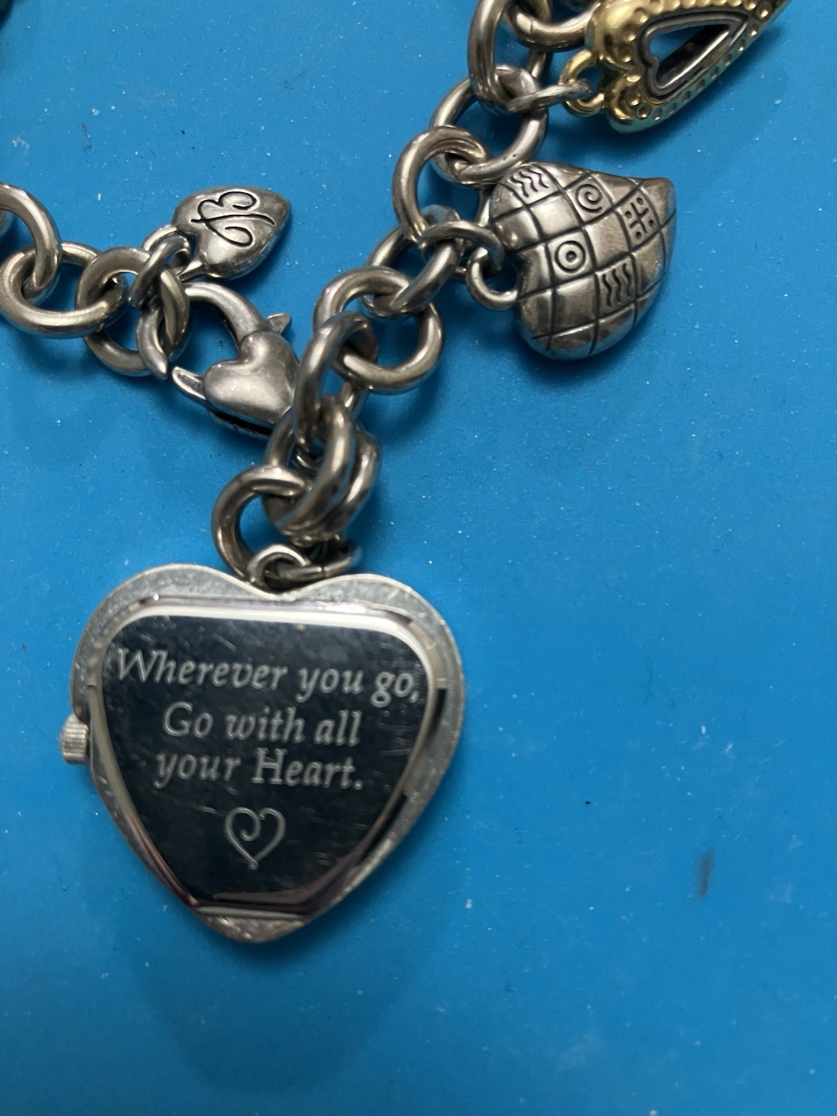 Brighton Silver “LIVE IN THE MOMENT” Breast Cancer Watch Charm Bracelet 8”
