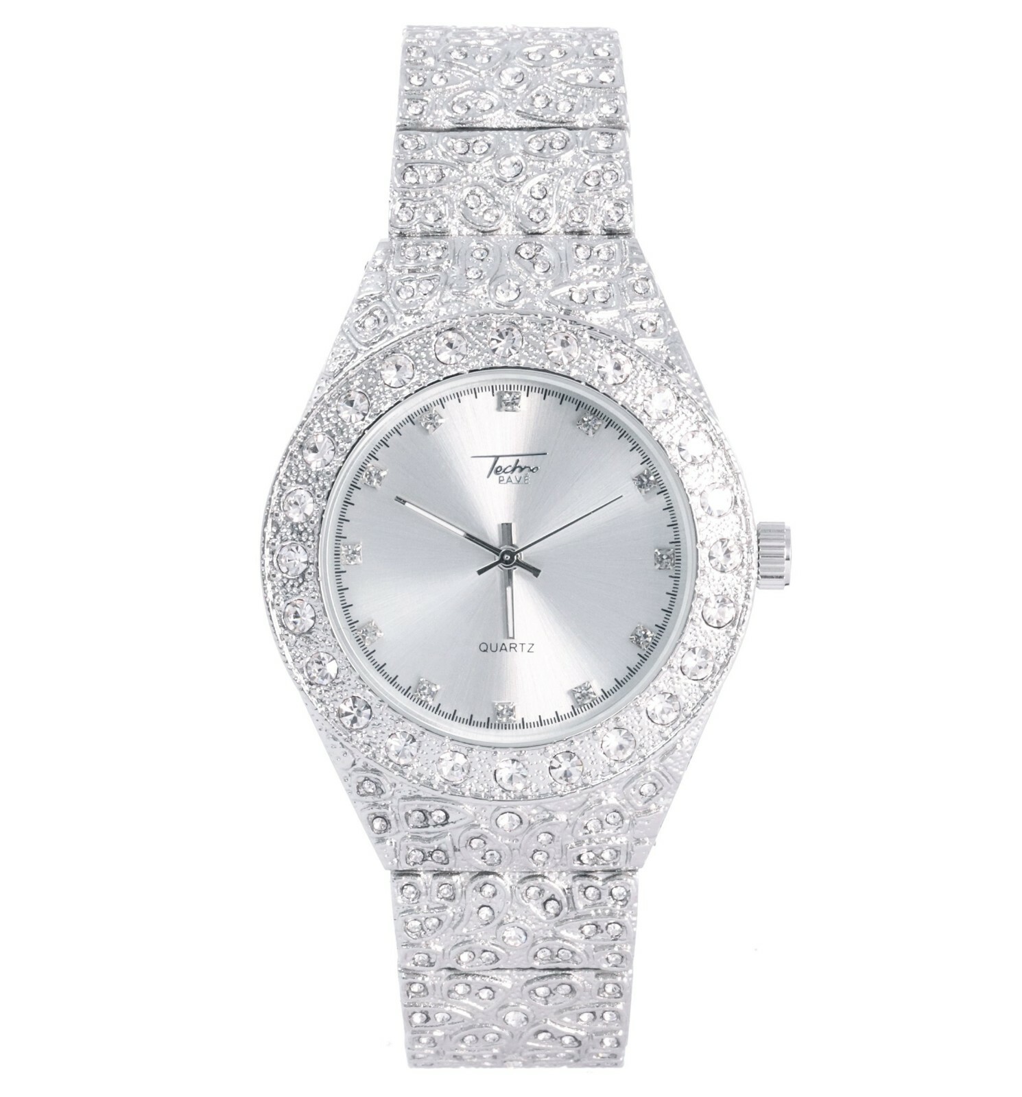 Men Fully Iced Watch Bling Rapper Simulate Diamond Metal Band Silver Hip Luxury