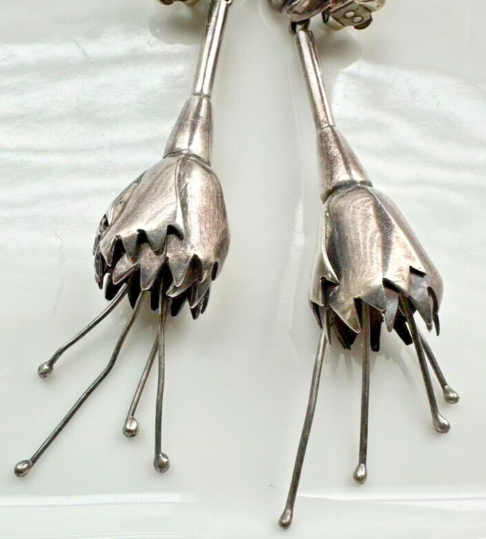 Antonio Pineda Taxco Mexico 970 Silver Flower floral Drop Clip Earrings