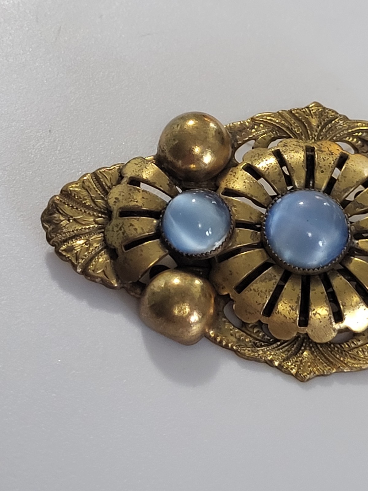 Antique Brooch Brass Three Blue Moonstone Layered 1920-1935 Art Deco