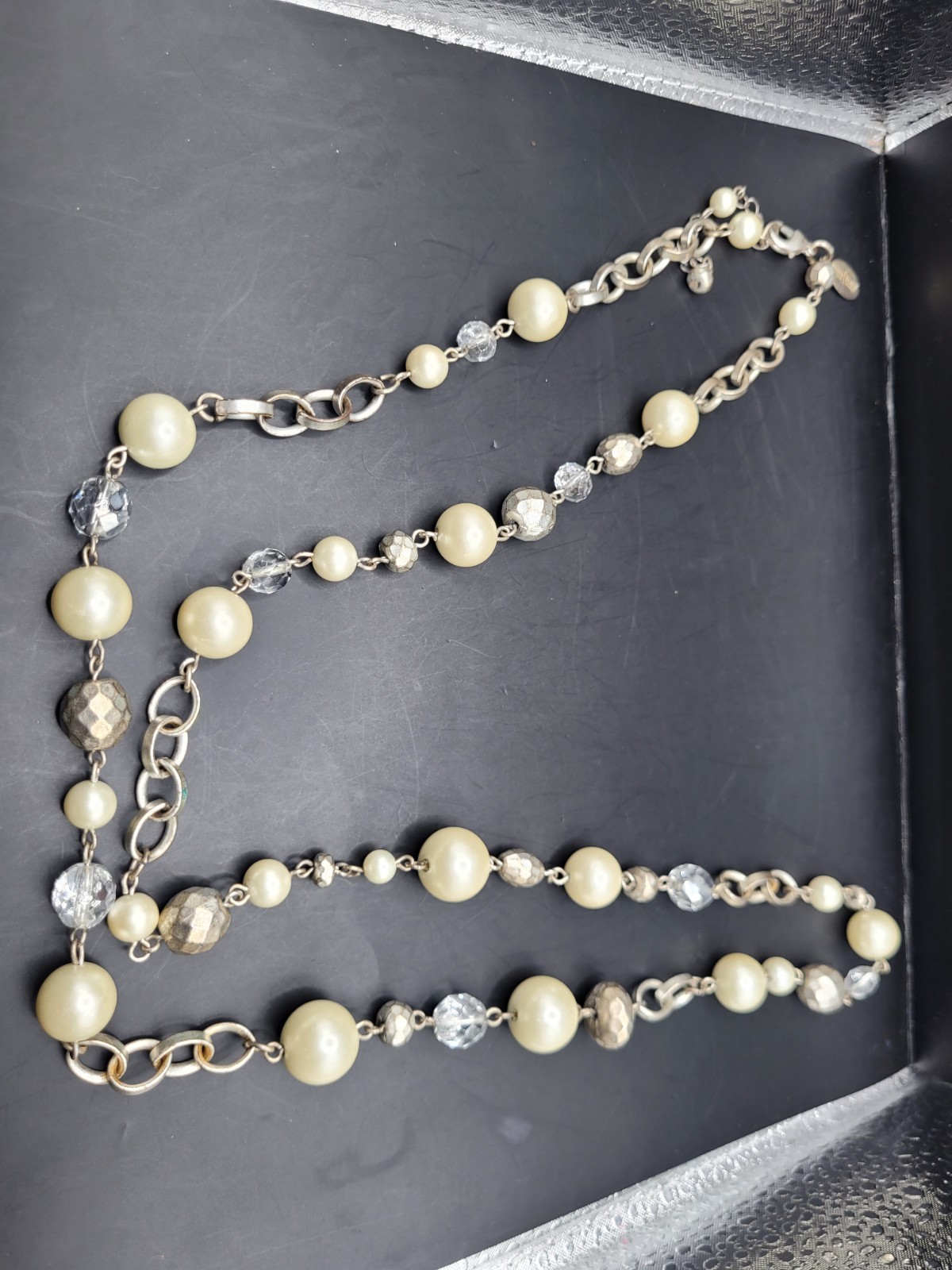 White House Black Market Layered Faux Pearl Bead Necklace Silver Tone