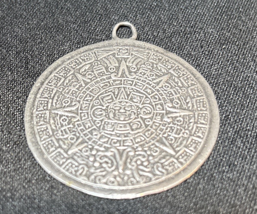 Vintage Mexico Aztec Calendar Pendant Mayan Design, Large Silver Tone Charm Only