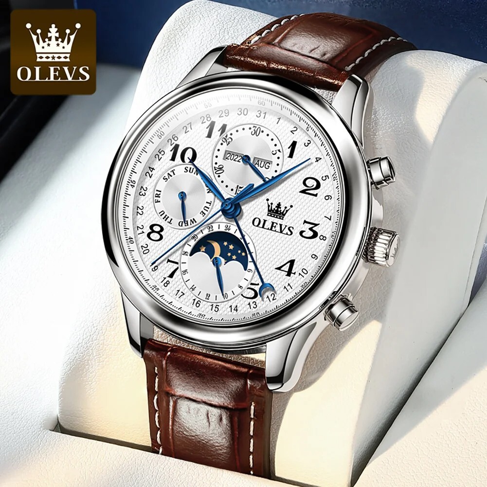 OLEVS Automatic Mechanical Watch Men’s Moon Phase Waterproof Leather Men Strap