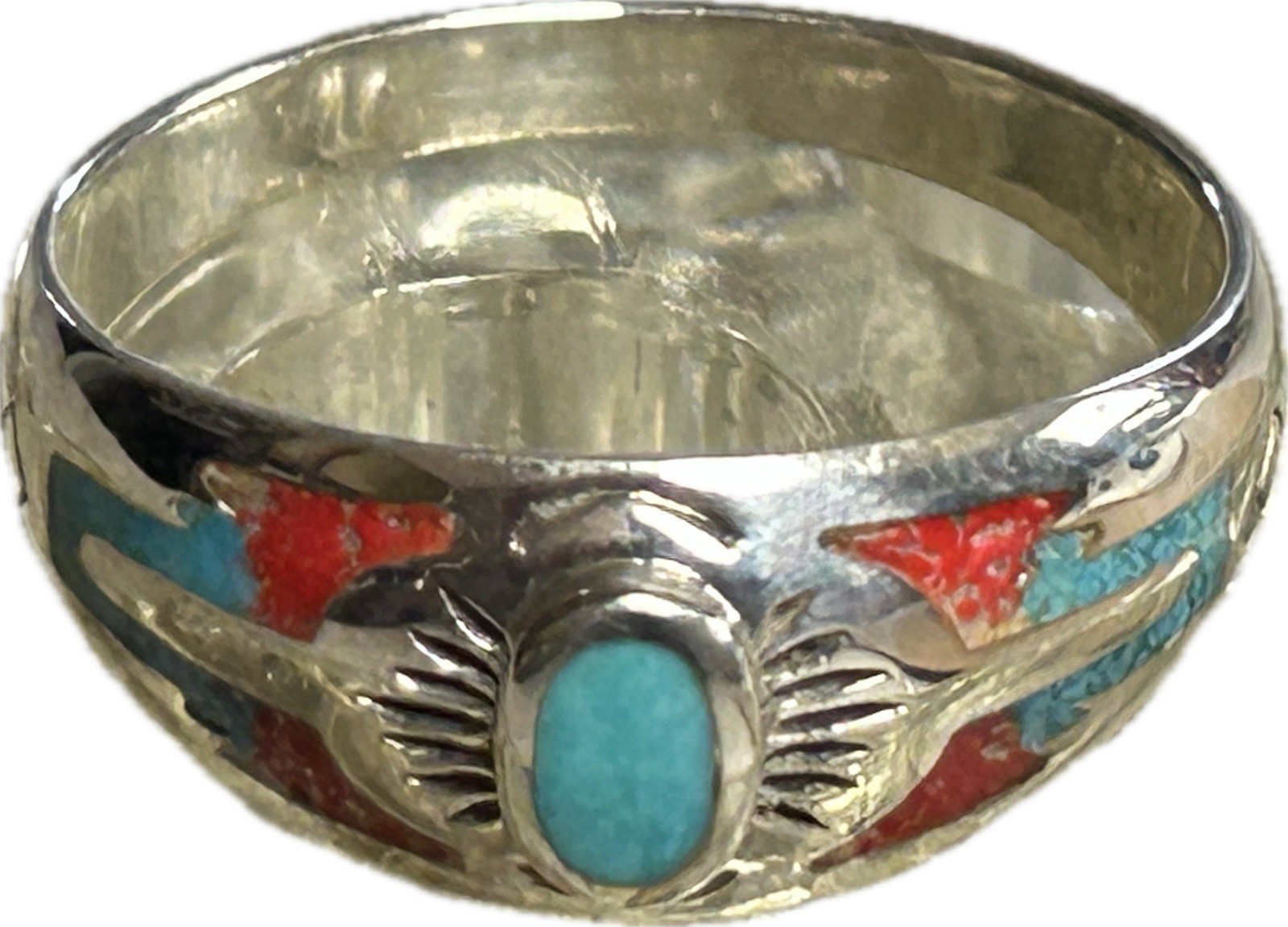 Southwest Silver Ring Native American Indian Style Turquoise with Red Coral