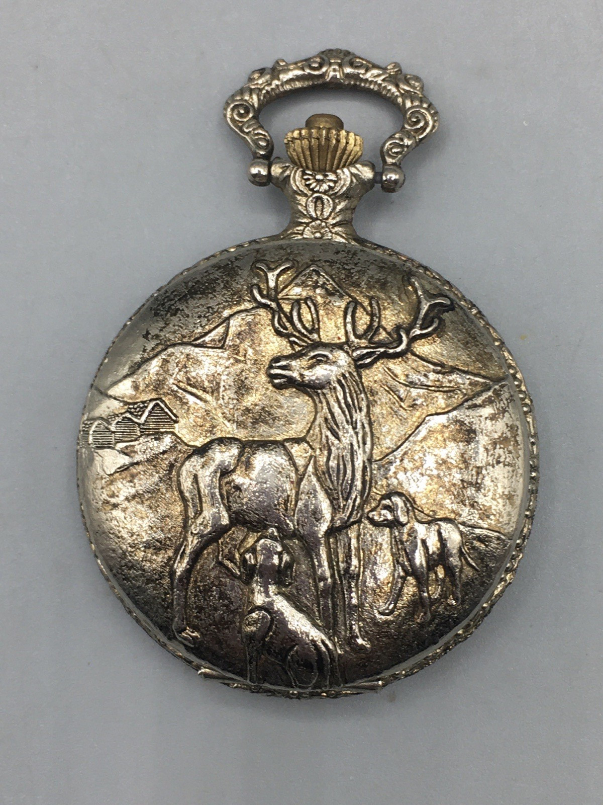 Remington Pocket Watch Men Elk & Dogs Silver Tone Manual Antimagnetic Vintage