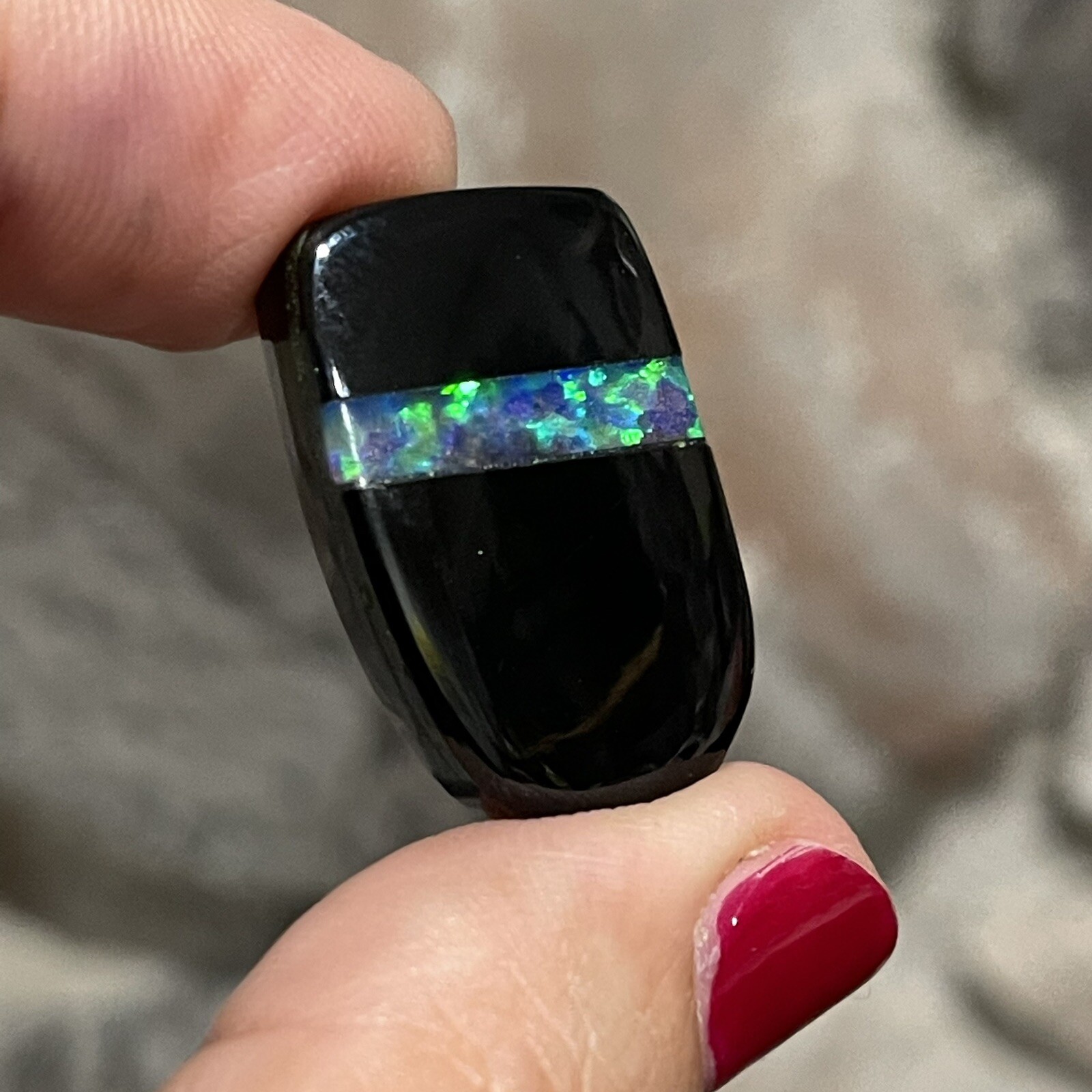 29ct 27.4c17.2×6.2mm Black Onyx And Lab Created Opal Inlay Intarsia Cabochon
