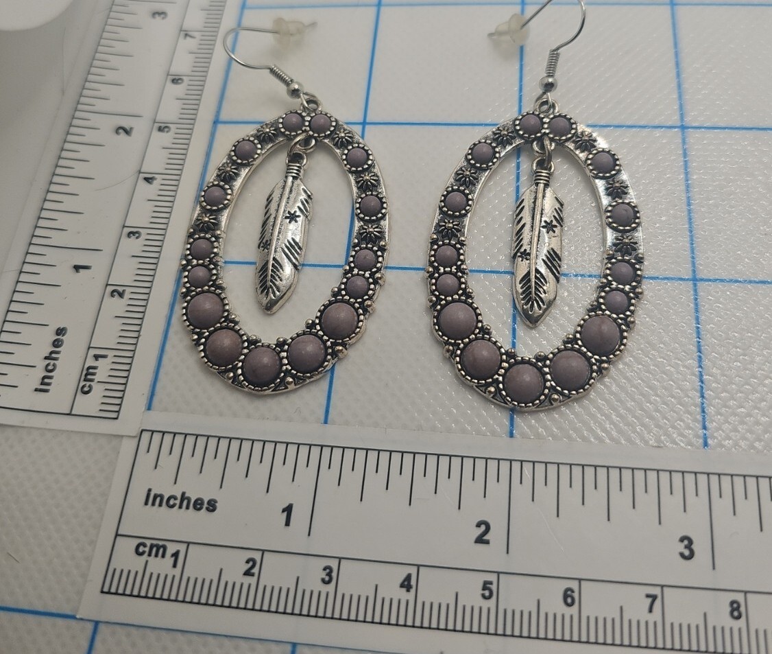 INDIAN NATIVE AMERICAN FEATHER LAVENDER STONES TRIBAL ART PENDANT DANGLE