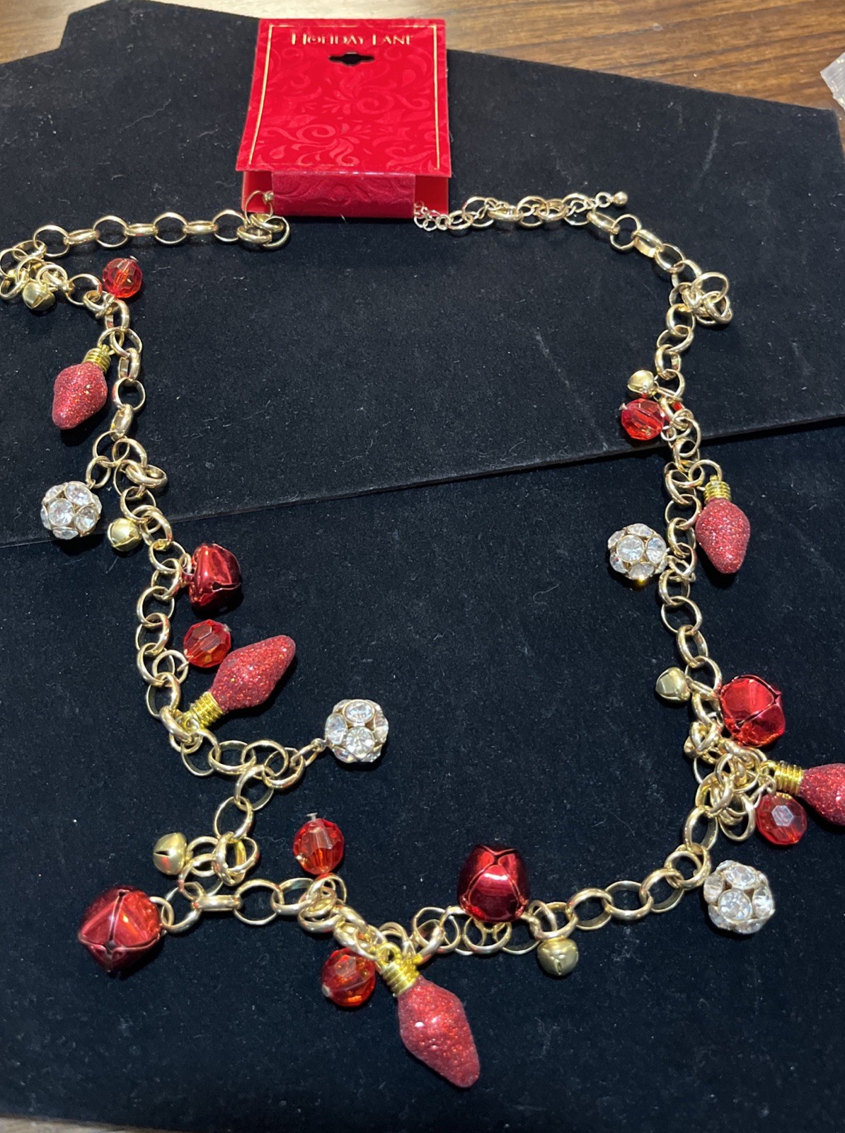 Holiday Lane Christmas Necklace Gold Tone Crystals Bells Lights Jingle Bells