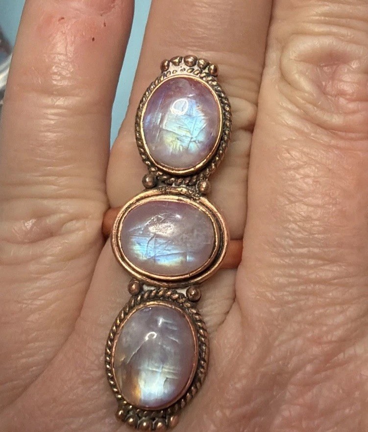 Pink Moonstone Copper Adjustable Ring Sz 7-9