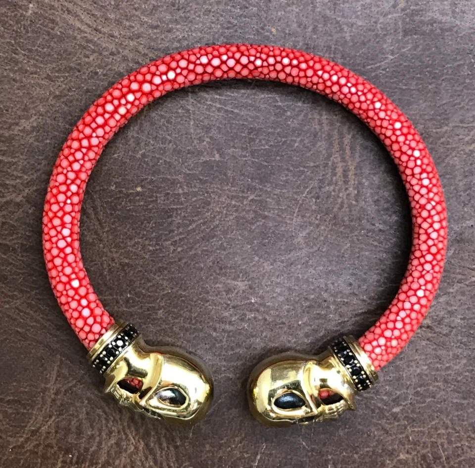 Cozmo Red Stingray Cuff Bracelet Yellow 925 Sterling Silver Gold Plated Skull