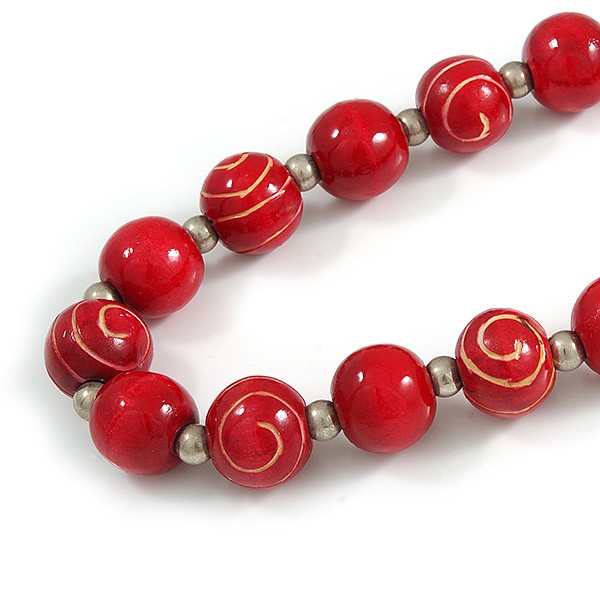 Long Chunky Red Wood Bead Necklace – 82cm L