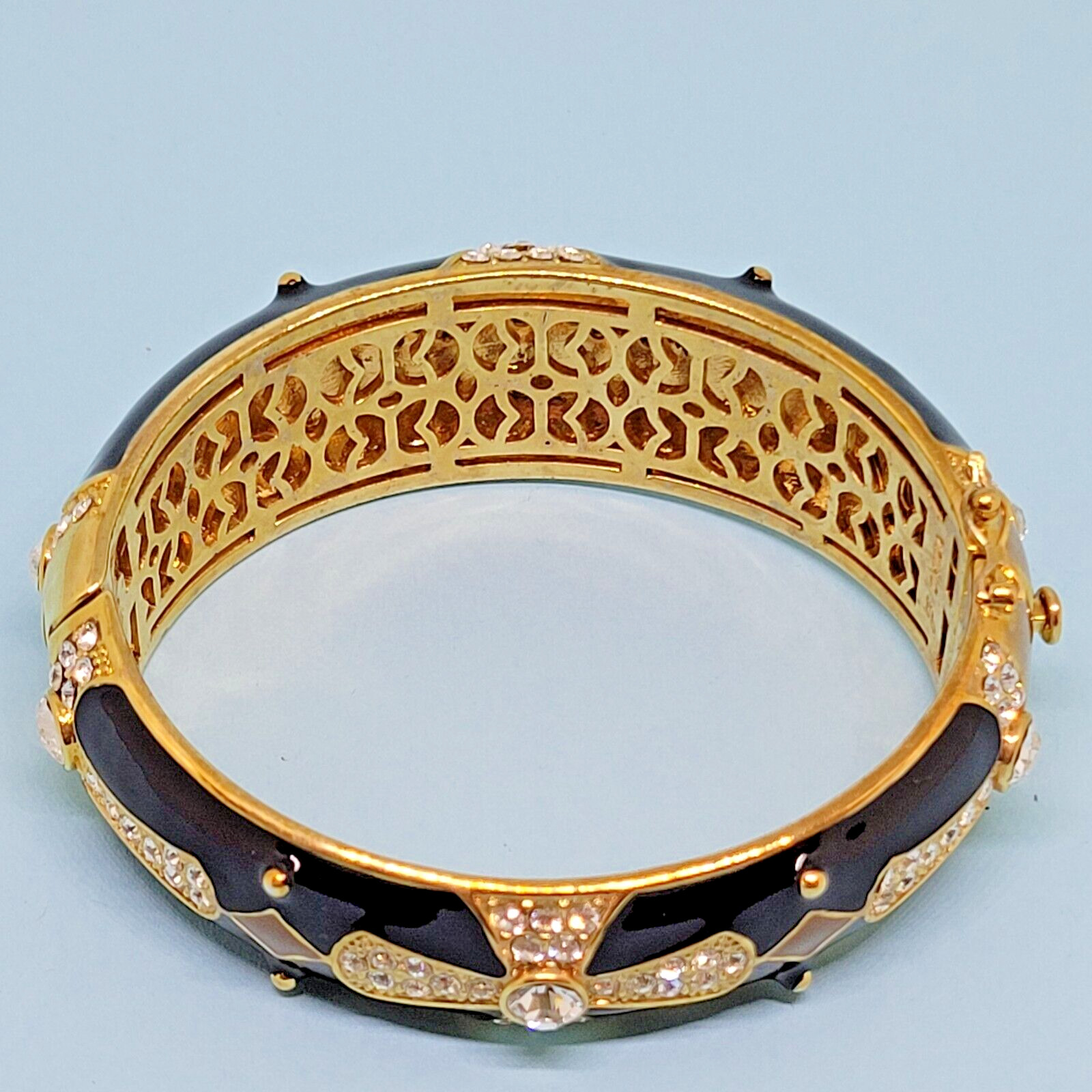 Joan Boyce Gold Tone Black Enamel Crystal Maltese Cross Hinged Bangle Bracelet