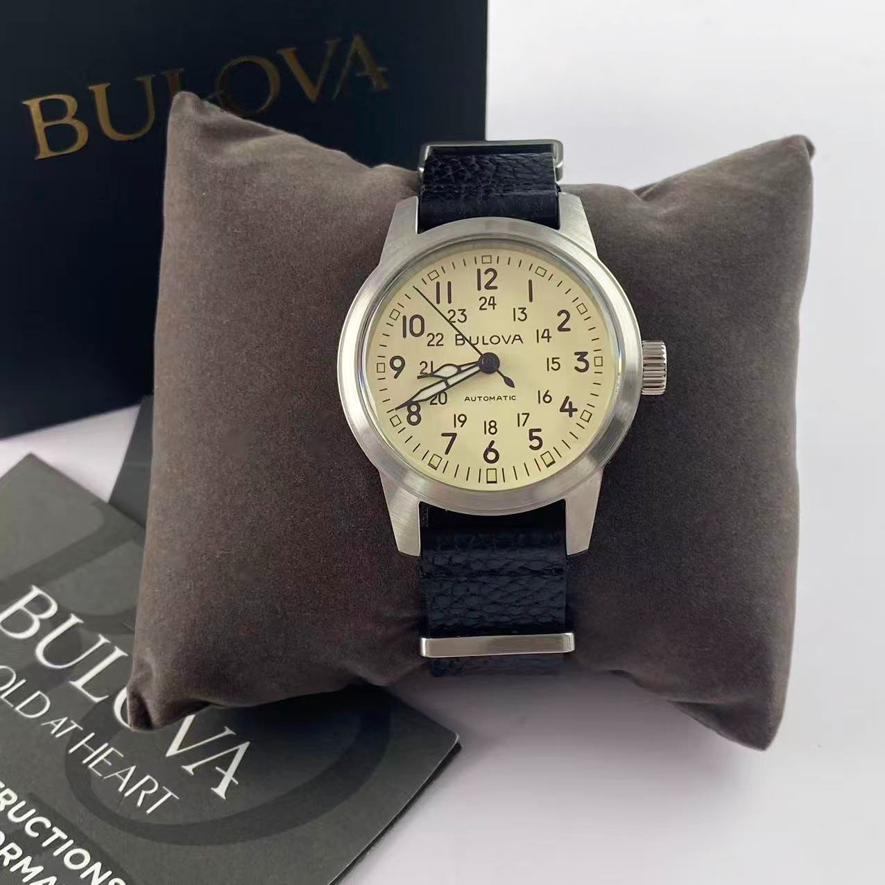 Bulova Hack 96A246 Ivory Dial Black Leather Strap Men’s Automatic Watch 38 mm